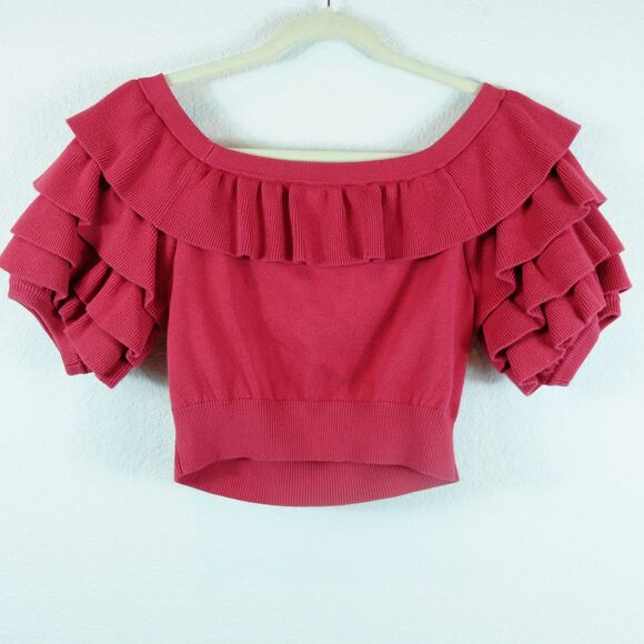 Marissa Webb Cropped Top Sz M Red Knit Cotton Blend Ruffles Coquette Date Night - Picture 3 of 10
